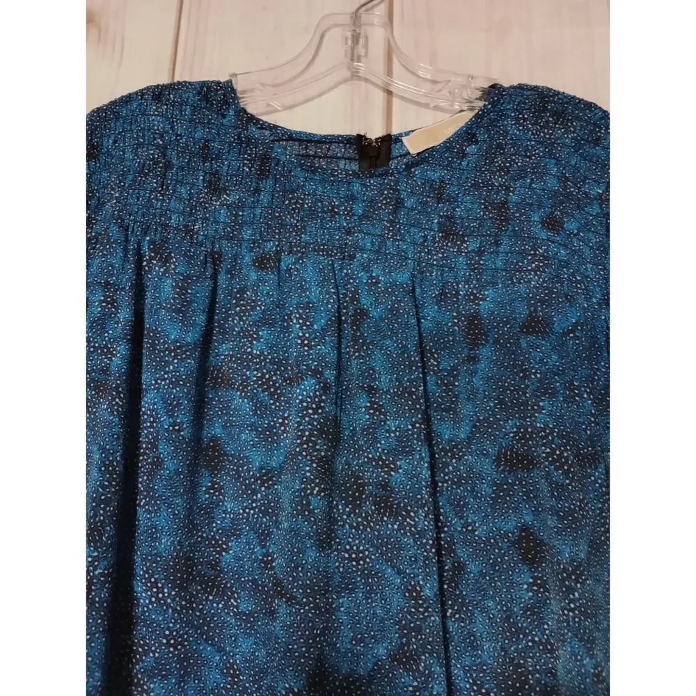 Michael‎ Kors Blue Black Abstract Dot Smocked Yoke Blouse Top Large